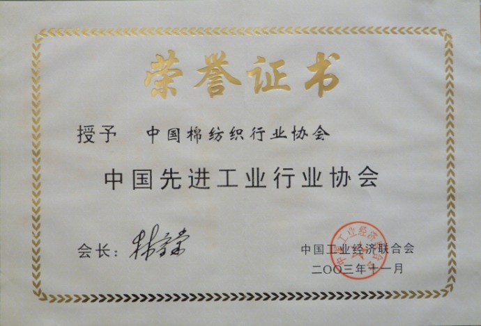 2003年 被中國工業經濟聯合會評為“中國先進工業行業協會”