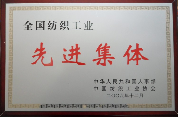 2006年 被中華人民共和國人事部與中國紡織工業協會聯合授予"全國紡織工業先進集體"稱號